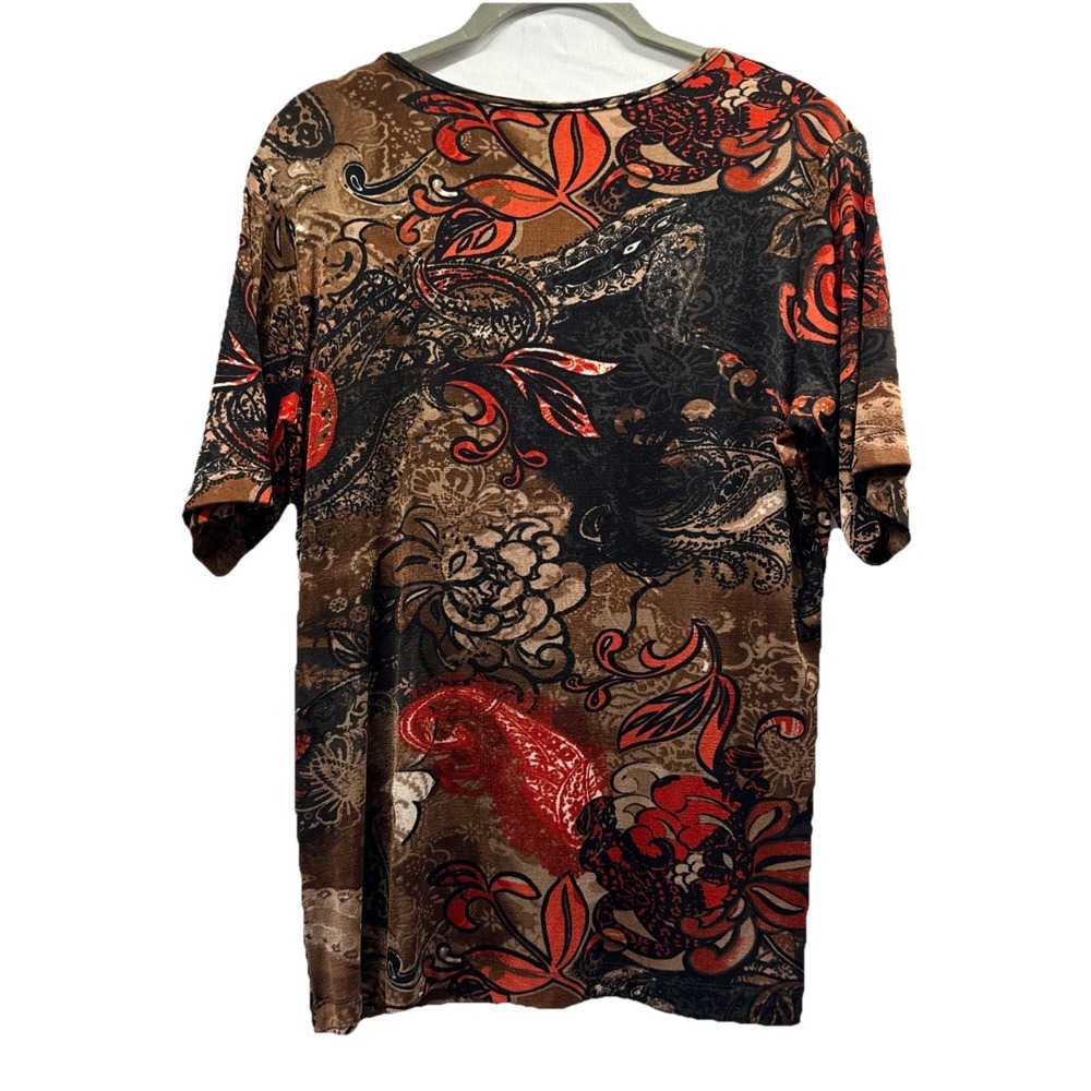 Chicos Travelers Women's Top Size Medium Colorful Orange Black Artsy Stretch - Picture 4 of 7